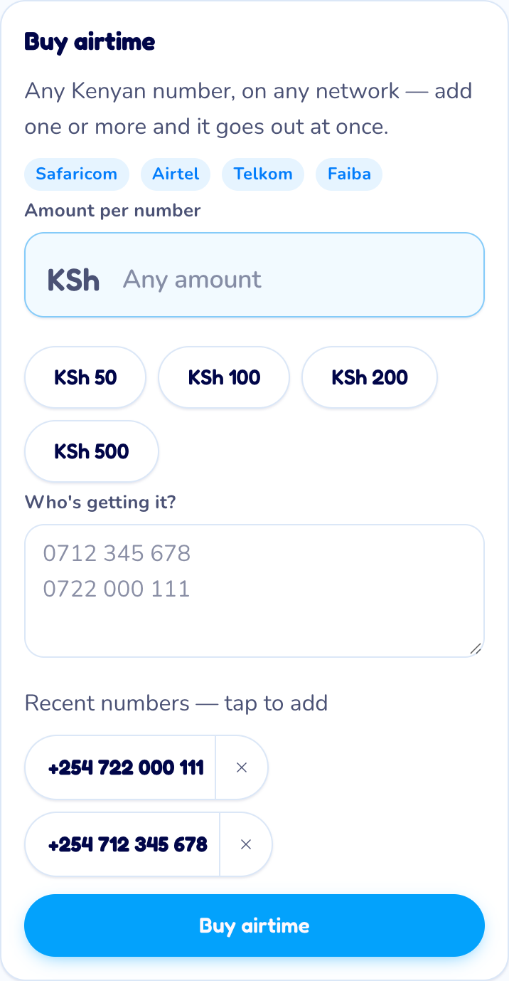 The Tangi buy airtime screen with network badges, an amount field and a numbers field