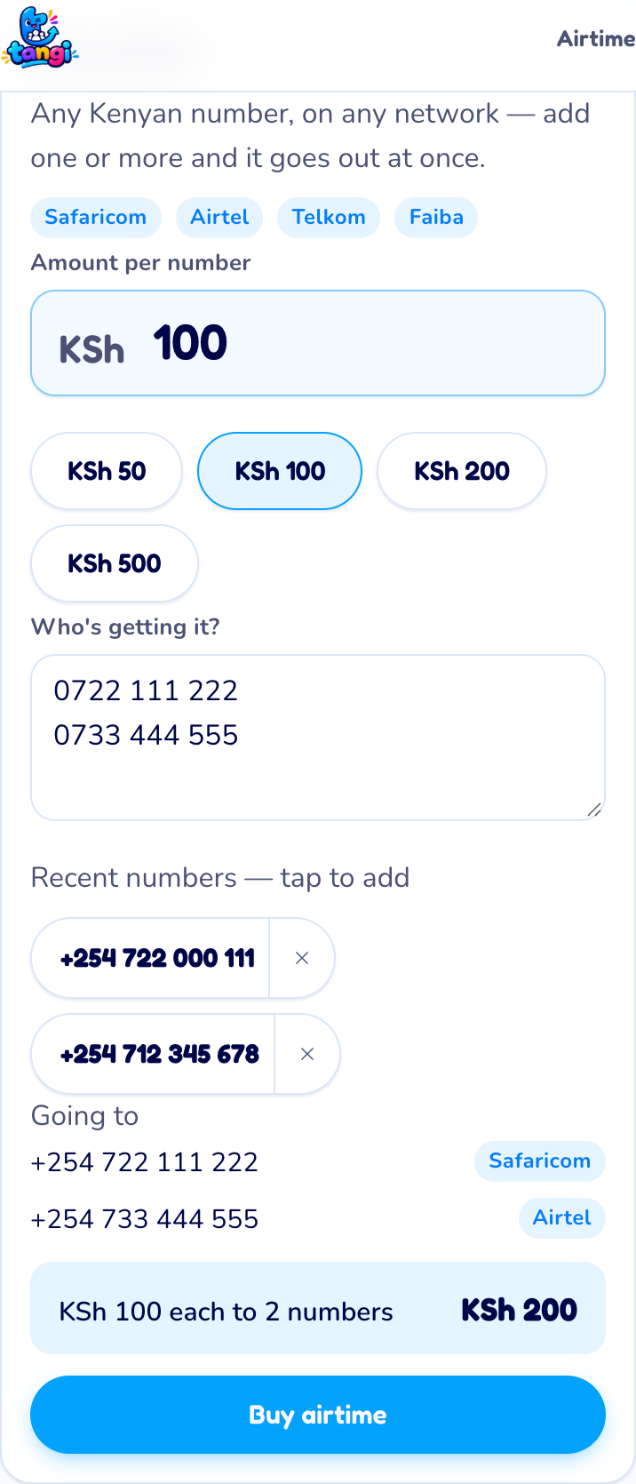 The Tangi buy screen filled in with two numbers at KSh 100 each and a KSh 200 total