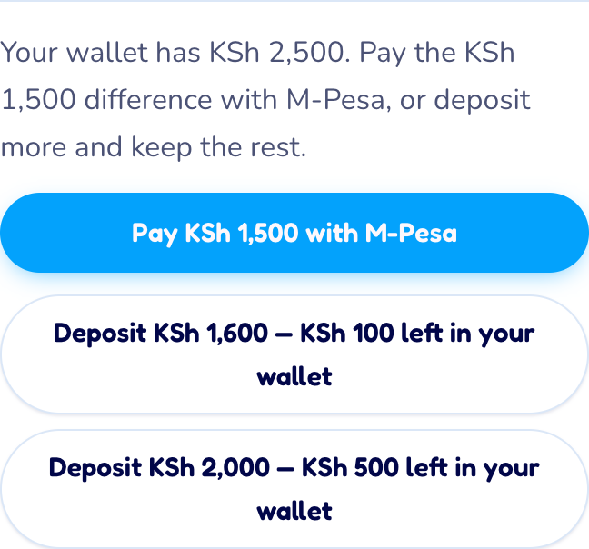 The Tangi shortfall options: pay KSh 1,500 with M-Pesa, or deposit KSh 2,000 and keep KSh 500